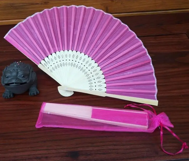 300pcs/lot personalized silk hand fan silk wedding fan with organza gift bag packing ni217