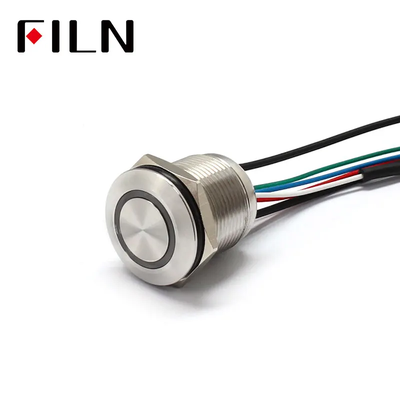 FILN-Interruptor de Botão Momentâneo de Metal Impermeável, Aço Inoxidável com Fio, Tri Cor, IP68, Redondo Plano, 19mm, 12V