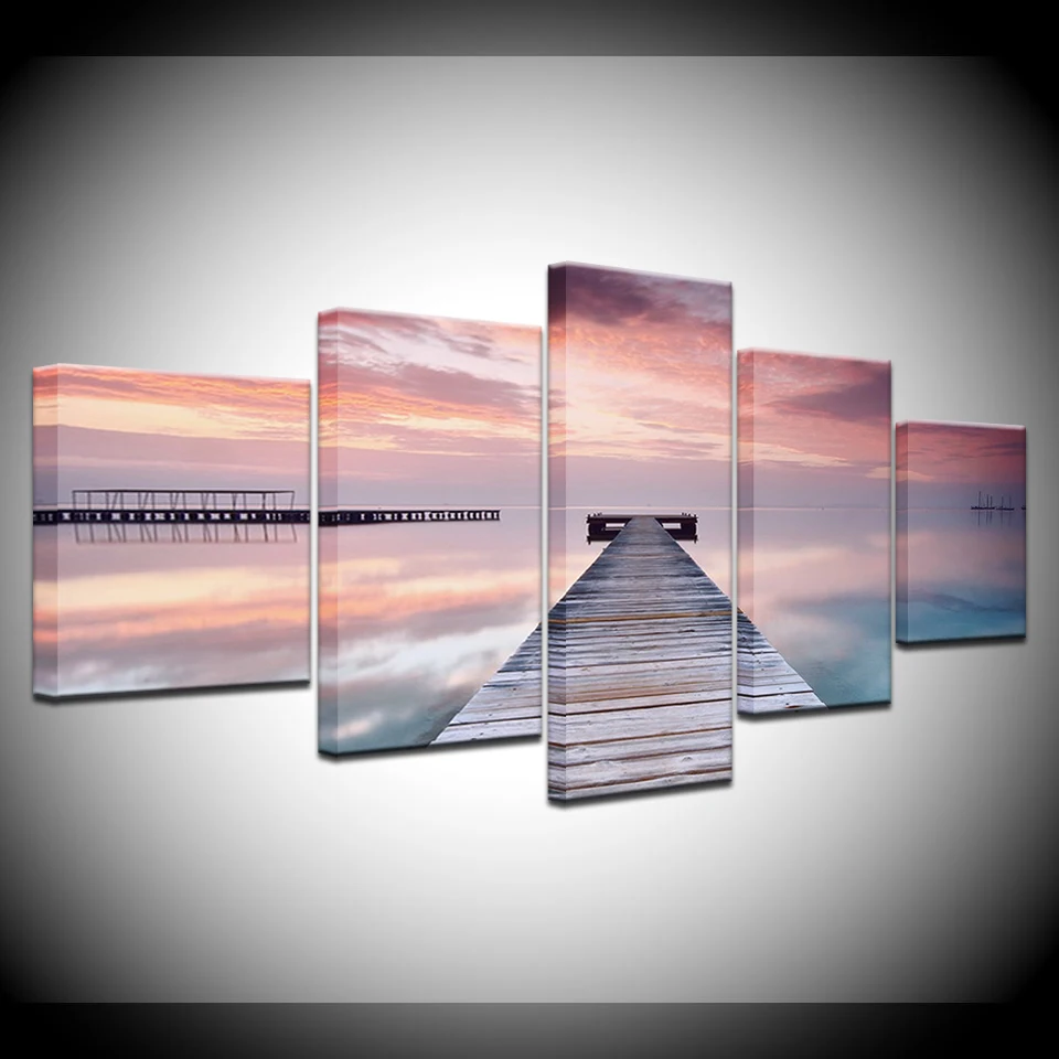 

The pink sky and wood bridge 5 Panels Wall Art modern Modular Poster art Canvas painting for Living Room Home Decor