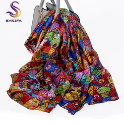 [BYSIFA] Real Silk Scarf 2019 Cartoon Cats Design Foulard Femme Long Scarves Spring Fall Ladies Hijab Scarfs Summer Beach Shawl