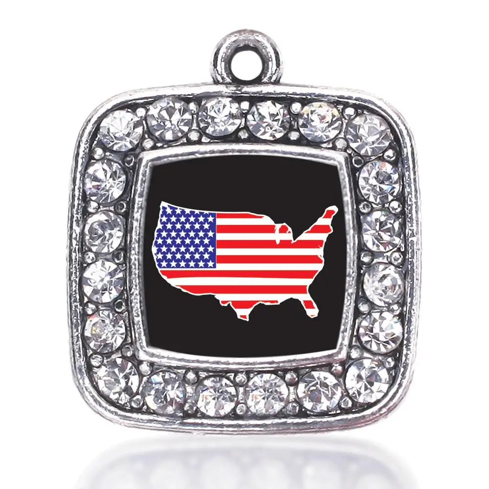 Show support for your favorite country  USA SQUARE CHARM ANTIQUE SILVER PLATED CRYSTAL JEWELRY