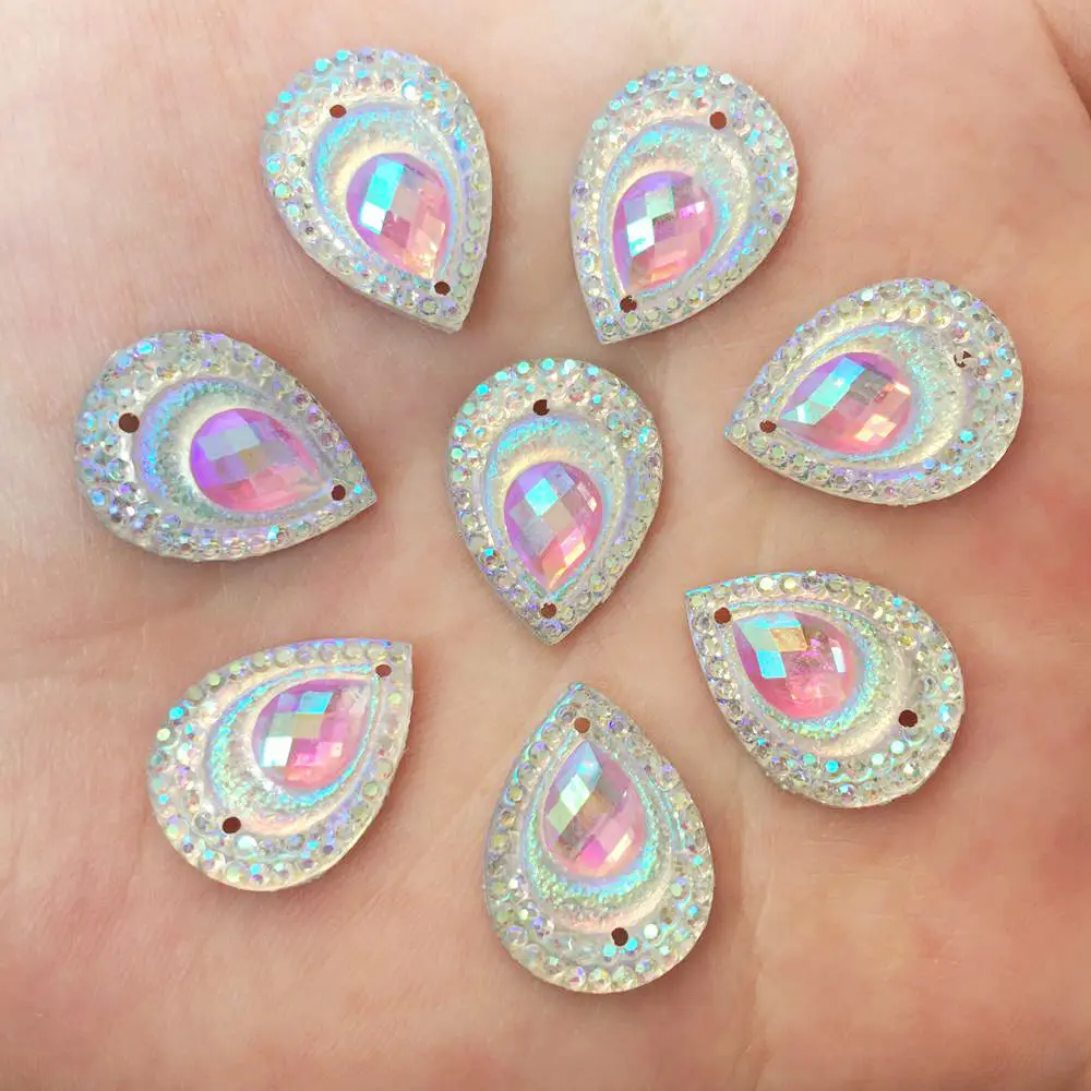 DIY 40PCS 13mm*18mm AB Resin Peacock Drop Flatback Rhinestone Wedding 2 Hole Crafts R35
