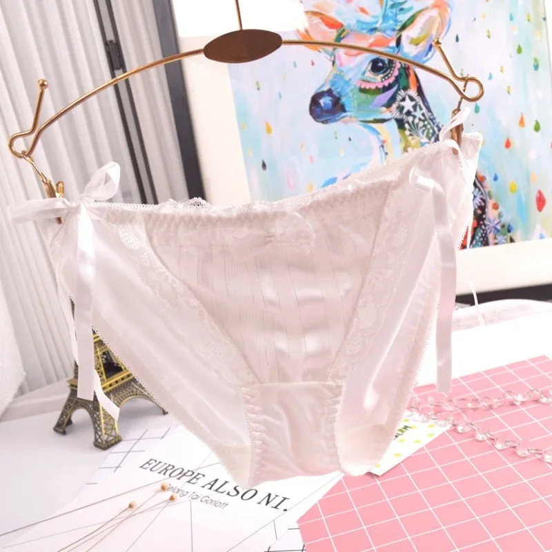 Sexy Chiffon Lace Milk Silk Low Waist Women Panties Bow Ribbon Smooth Lady Underwear Cute Lovely Sweety Style Girl Breifs