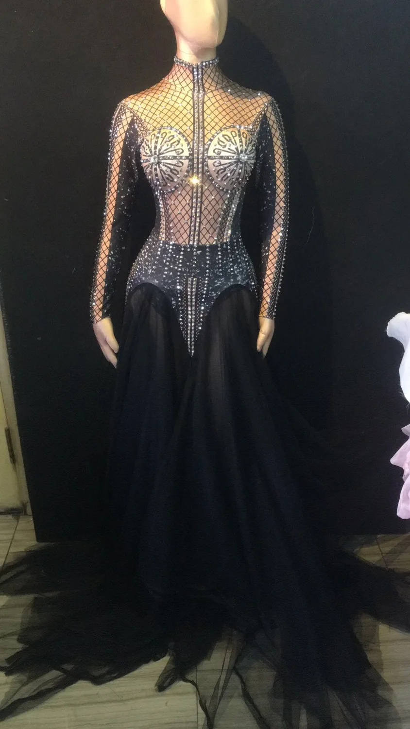 Novo vestido sexy de malha transparente preto de strass intermitente feminino comemore a roupa do baile de formatura vestido de dançarina cantor trajes