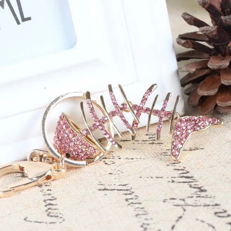 Pink Fish Fishbone Moveable Pendant Cute Rhinestone Crystal Car Purse HandBag Key Ring Chain