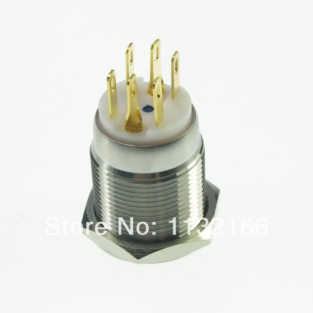 19mm LED Color Yellow Stainless Steel Ring illuminated Maintained/Latching Push Button Switch 1NO 1NC Pin Terminal Waterproof