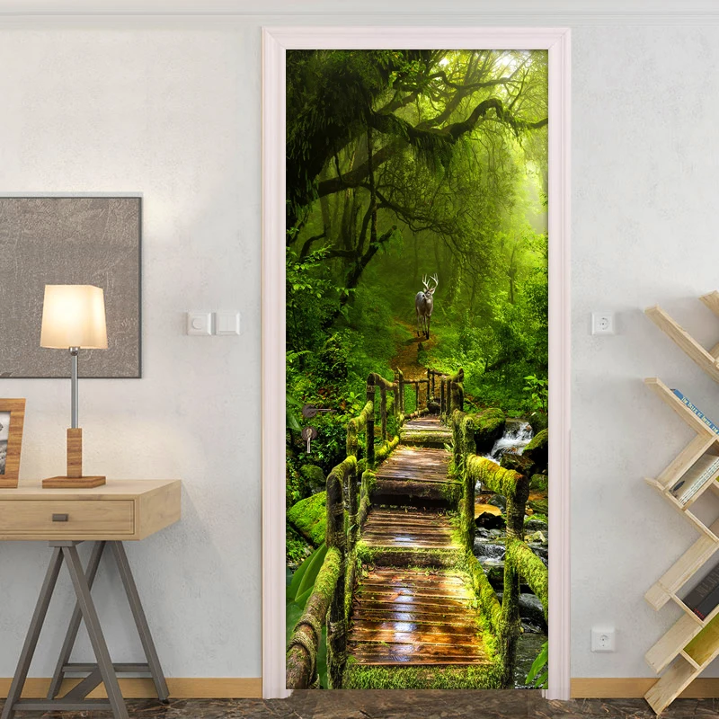 

Forest Door Sticker Wall Mural 3D Photo Wallpaper For Living Room DIY Door Stickers PVC Vinyl Door Wallpaper Home Decoration 3D