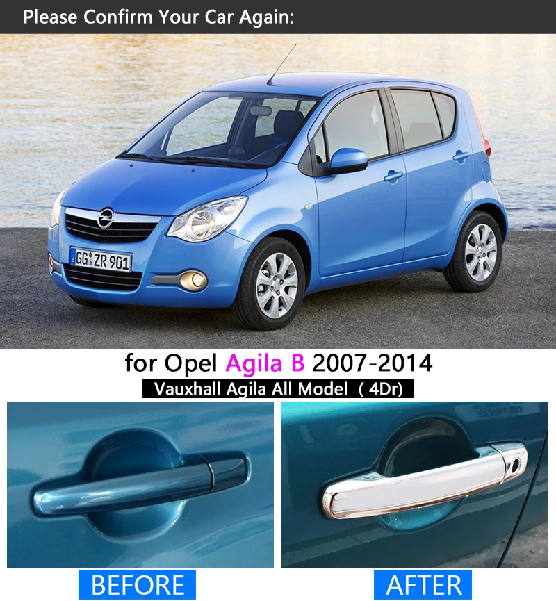 for Opel Agila B 2007 - 2014 Chrome Door Handle Cover Trim Set Vauxhall 2008 2009 2010 2011 2012 2013 Accessories Car Styling