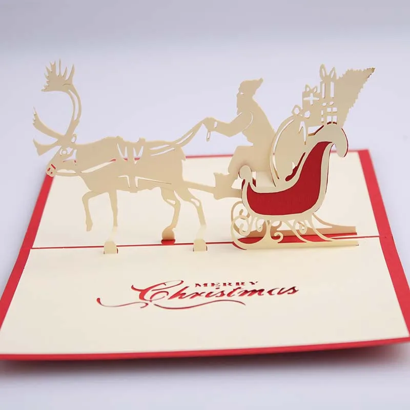 

100pcs Handmade Christmas Cards Creative Kirigami & Origami 3D Pop UP Greeting Card With Santa Ride Desgin Postcards ZA5142