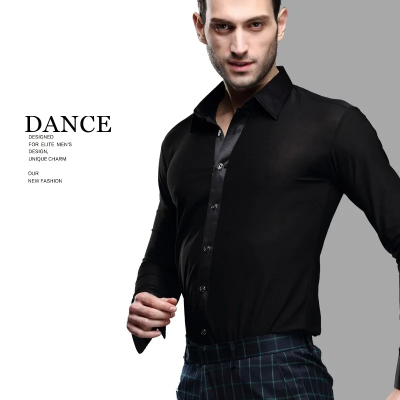 Black Latin Dance Shirts Male Long Sleeves Dancing Jacket Shirt Men\'s Ballroom Chacha India Salsa Paso Dance Clothes B-5999