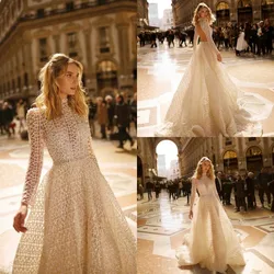 2020 Wedding Dresses High Neck Long Sleeves Lace Appliques Bridal Gowns Boho Sweep Train A-Line Wedding Dress Vestidos De Novia