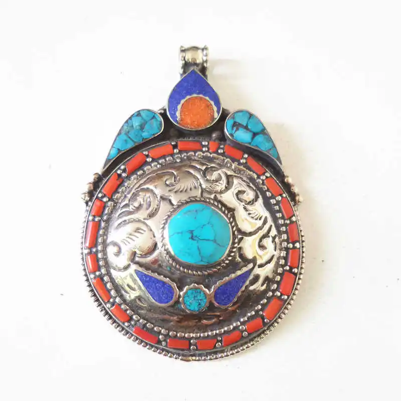 Tibetan Jewelry Nepal Vintage Pendant Copper Inlay Colorful Stone Pendants TBP465