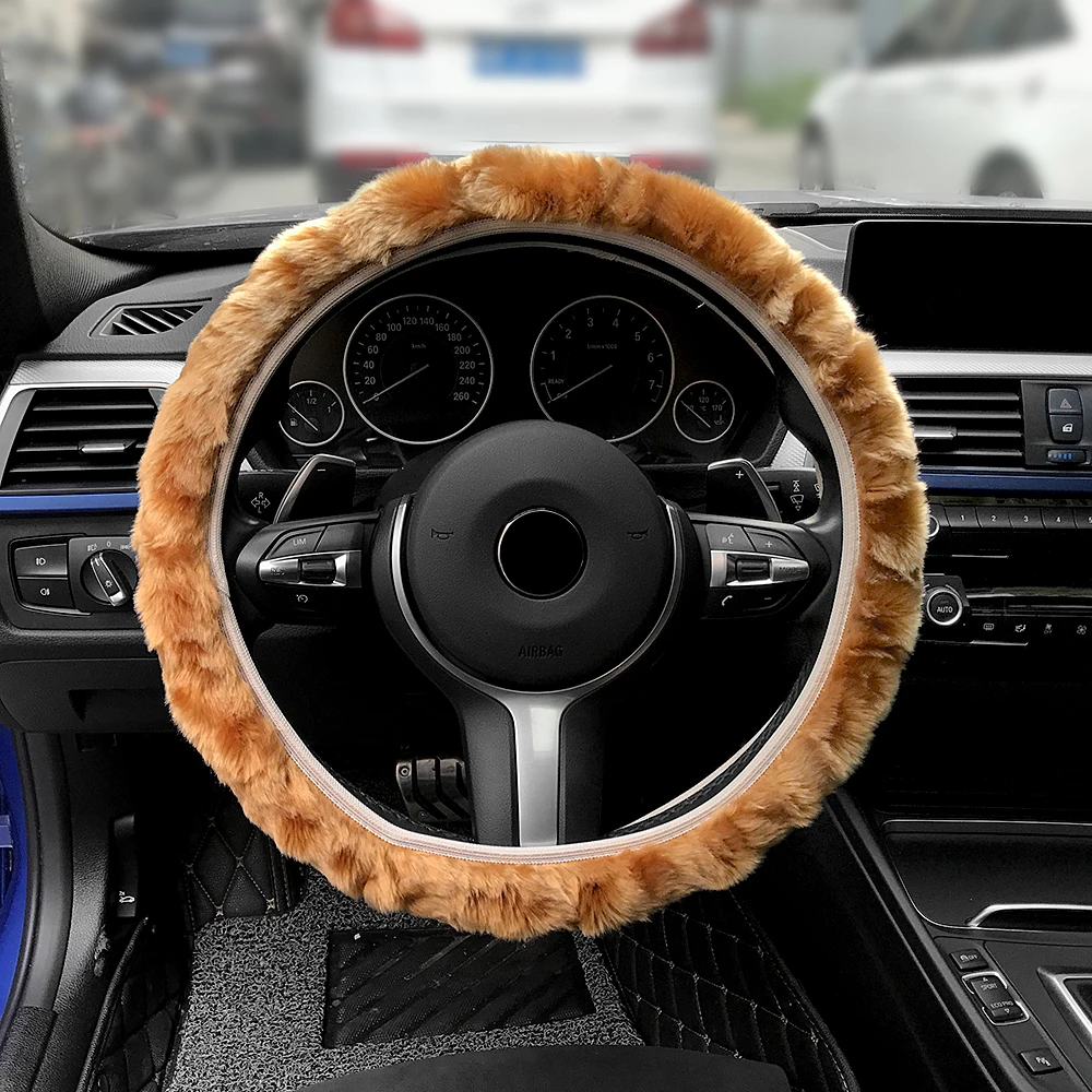 Premium Soft Short Fur Car Steering Wheel Cover High-density Warm Plush Winter Steering Wheel Protector Cover 38cm Accessories