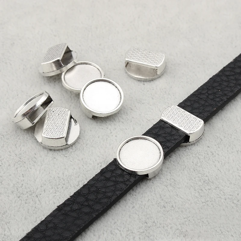 20pcs tibetan silver flat leather slider beads blank 12mm cabochon setting diy bracelets making supplies hole 10x2.5mm