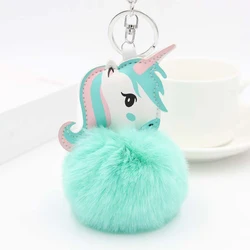 Cute Girls Fluffy Fur Pompon Unicorn Keychain Women Rabbit Fur Ball Pom Pom Horse Key Chain On Bag Car Trinket Female Party Gift