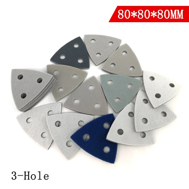 12Pcs Triangle 3-Hole Flocking Sponge Disc Sandpaper 80*80*80MM Self-adhesive 300-3000 Grit Polishing Grinding Tools