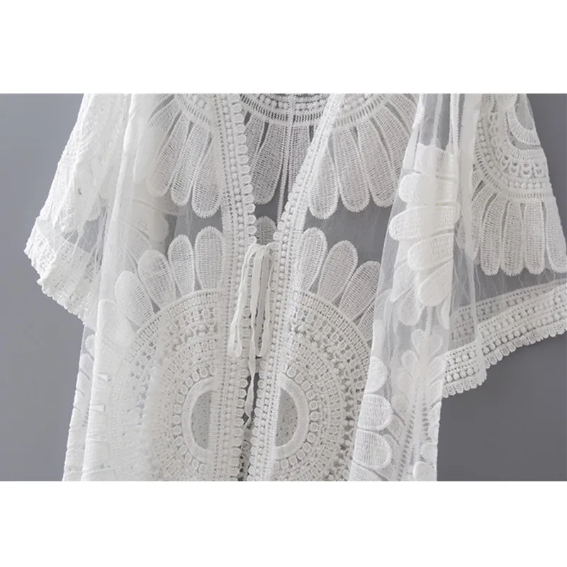 Qiukichonson Women Long Cardigan Summer Bohemian Sweet V-Neck Thin Embroidery Cotton White Lace Cardigan Ladies Sun Protection