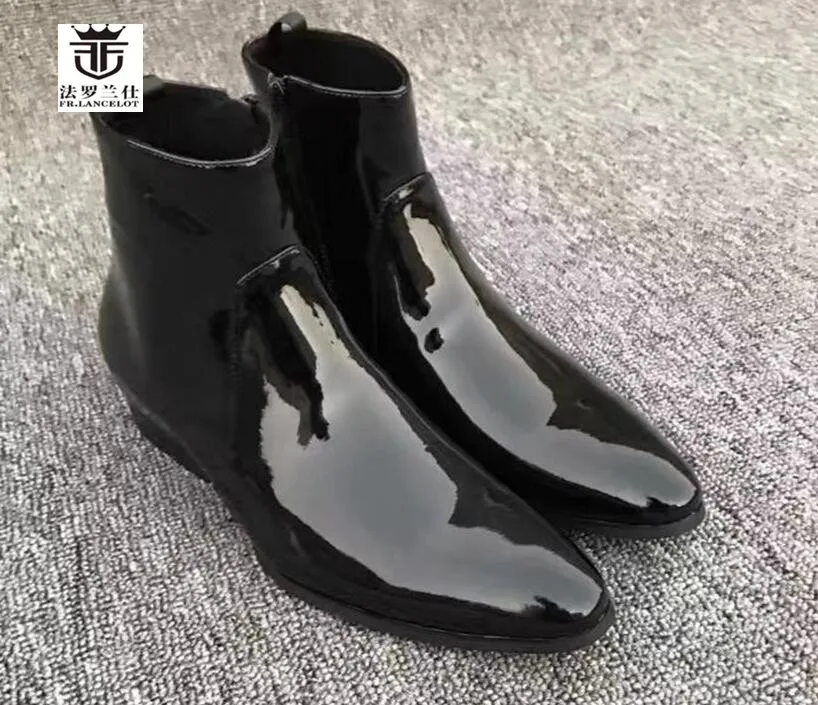 FR.LANCELOT 2020 Ankle Boots High quality patent leather boot British Style Men Short Boots side zip casual men's boots