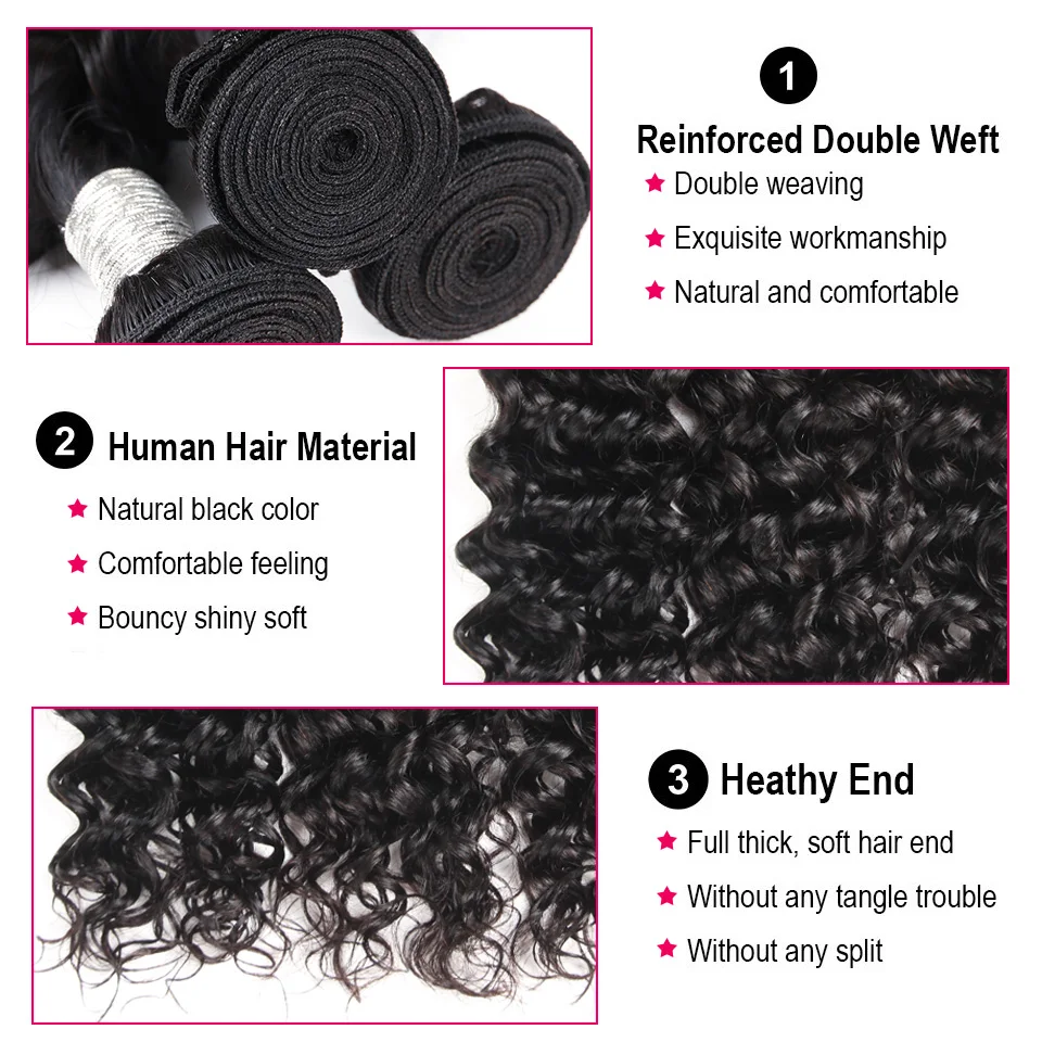 Brazilian Deep Weave Bundles com Fechamento, Remy Cabelo Humano, Water Wave, 3 Bundles