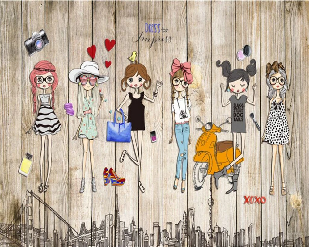 Custom size mural wood stripes cartoon character background decorative painting Clothing store fashion girl mural 3d wallpaper