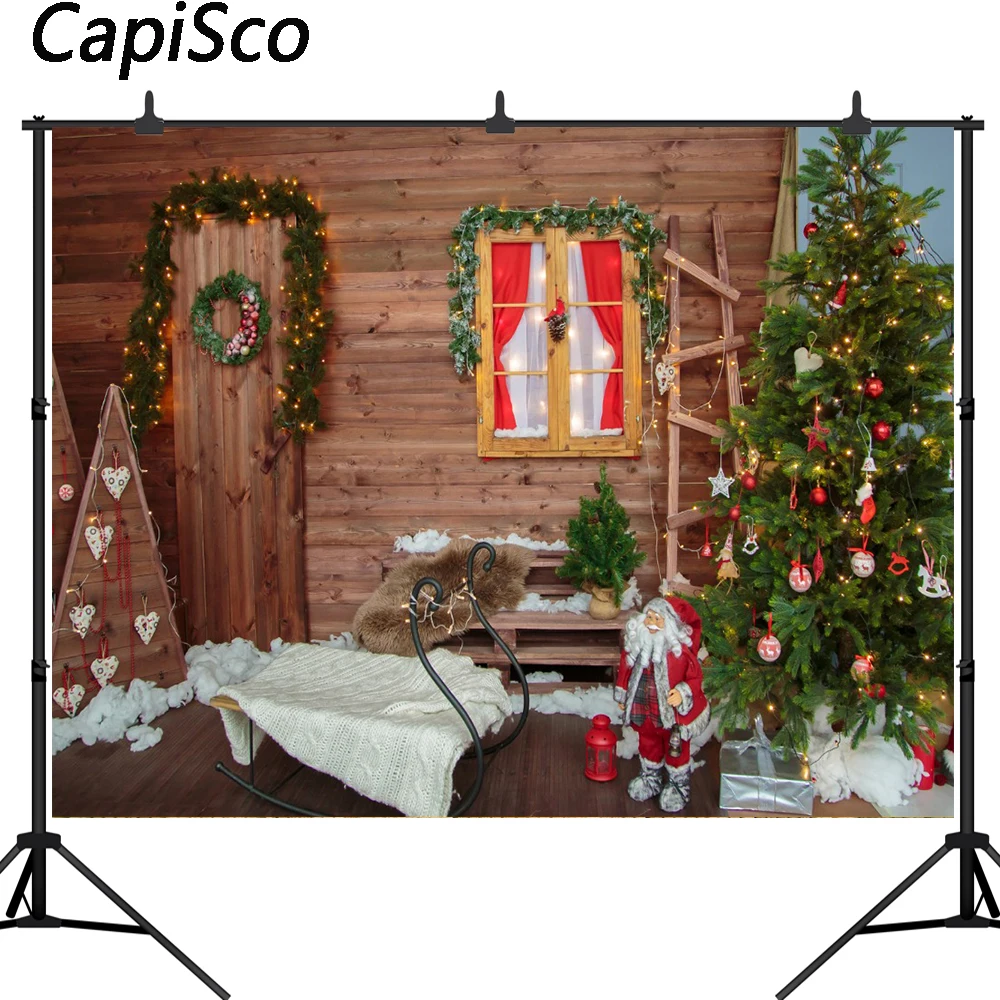 

Capisco Wooden house sled Decor Photography Backgrounds Christmas tree Photographic Backdrops Photo Studio