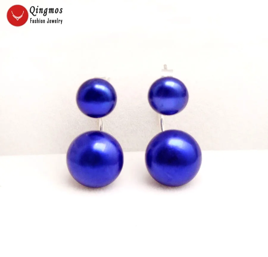 

Qingmos Front Back Natural Pearl Earring for Women with 8-11mm Blue Flat Round Pearl Dangle Double Sided Earring Fine Jewelry