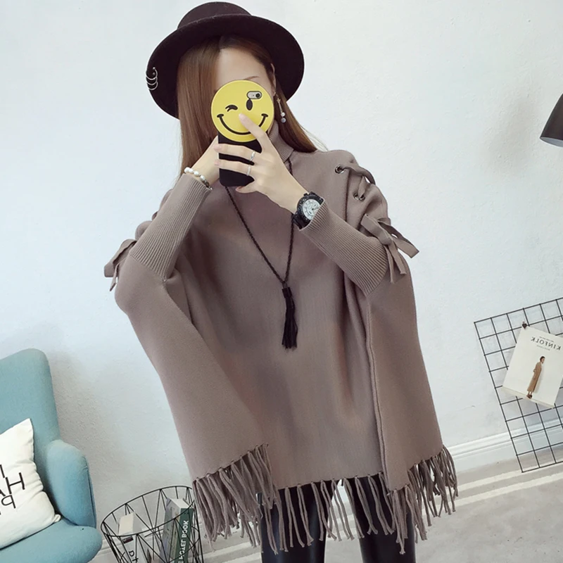 Winter Sweater Pullovers Women Large Size Loose Tassel Cloak Kintted Tops Spring Bat Sleeved Turtleneck Knitted Sweater 972