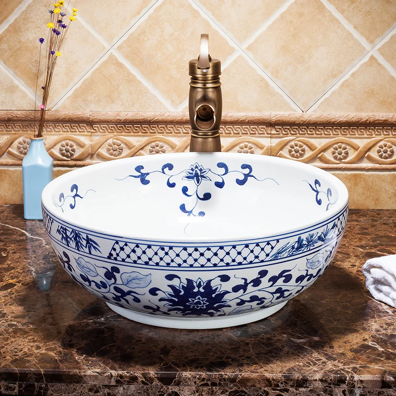 

China Artistic Ceramic wash basin Round Counter top ceramic antique wash basin sink bathroom blue and white