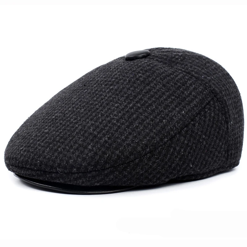 HT1847 Classic Man Cap Autumn Winter Hat with Ear Flap Elder Man Male Dad Hat Warm   Flat Cap Wool Blend Men Beret Cap