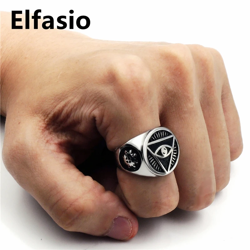 Mens Stainless Steel Ring Pendant Necklace Illuminati The All-seeing-eye illunati pyramid/eye symbol Biker Jewelry Sets
