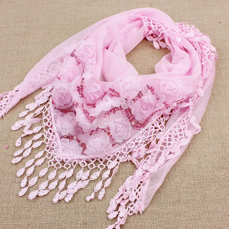 Women Tassel Shawls And Scarves Autumn Women Female Silk Flower Lace Triangle Pendant Scarf Fashion Women Scarf