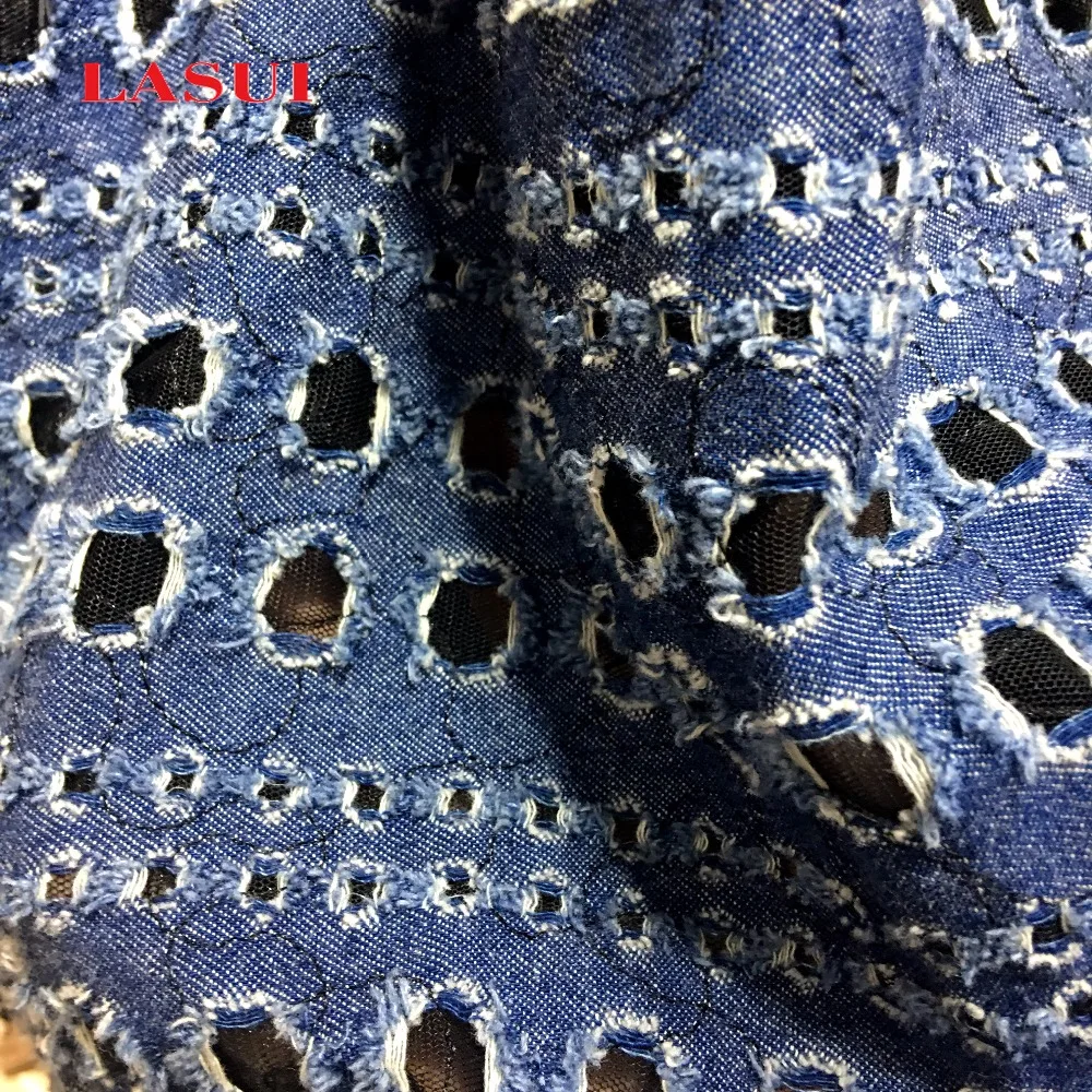 LASUI 2017 New product 3 yards =1 lot  fashionable Cotton denim embroidery lace fabric  blue Retro delicate  diy dress   X0277