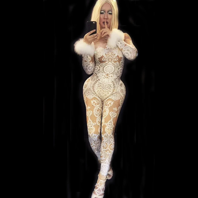 

Sexy White Lace Rhinestones Bodysuit Female Singer Stage Jumpsuit Costume Party Celebrate Glisten Stones Stretch Nude Outfit