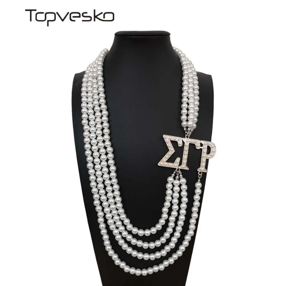 Topvekso Greece Greek Sorority Sigma Gamma Rho White Pearl SGR  Pendant Multilayer Statement Jewelry Long Choker