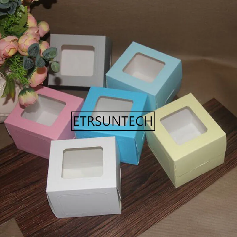 100pcs Candy Color Puff Cake Box With Clear Window West European Pastry Baking Box Packing Box