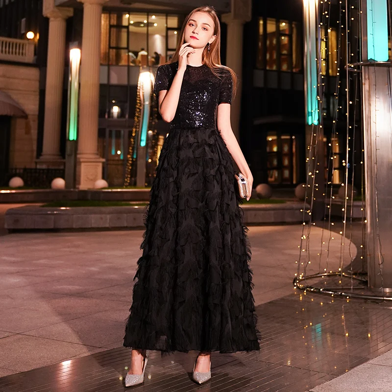 Customized Long Evening Dresses Women Elegant Sexy Lace O neck Long Evening Gown Black Sequined Dress robe de soiree WY1083