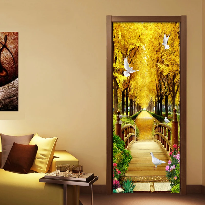 Foto Wallpaper 3D Hutan Emas Lanskap Alam Mural PVC Perekat Stiker Dinding Ruang Tamu Tahan Air 3D Stiker Pintu