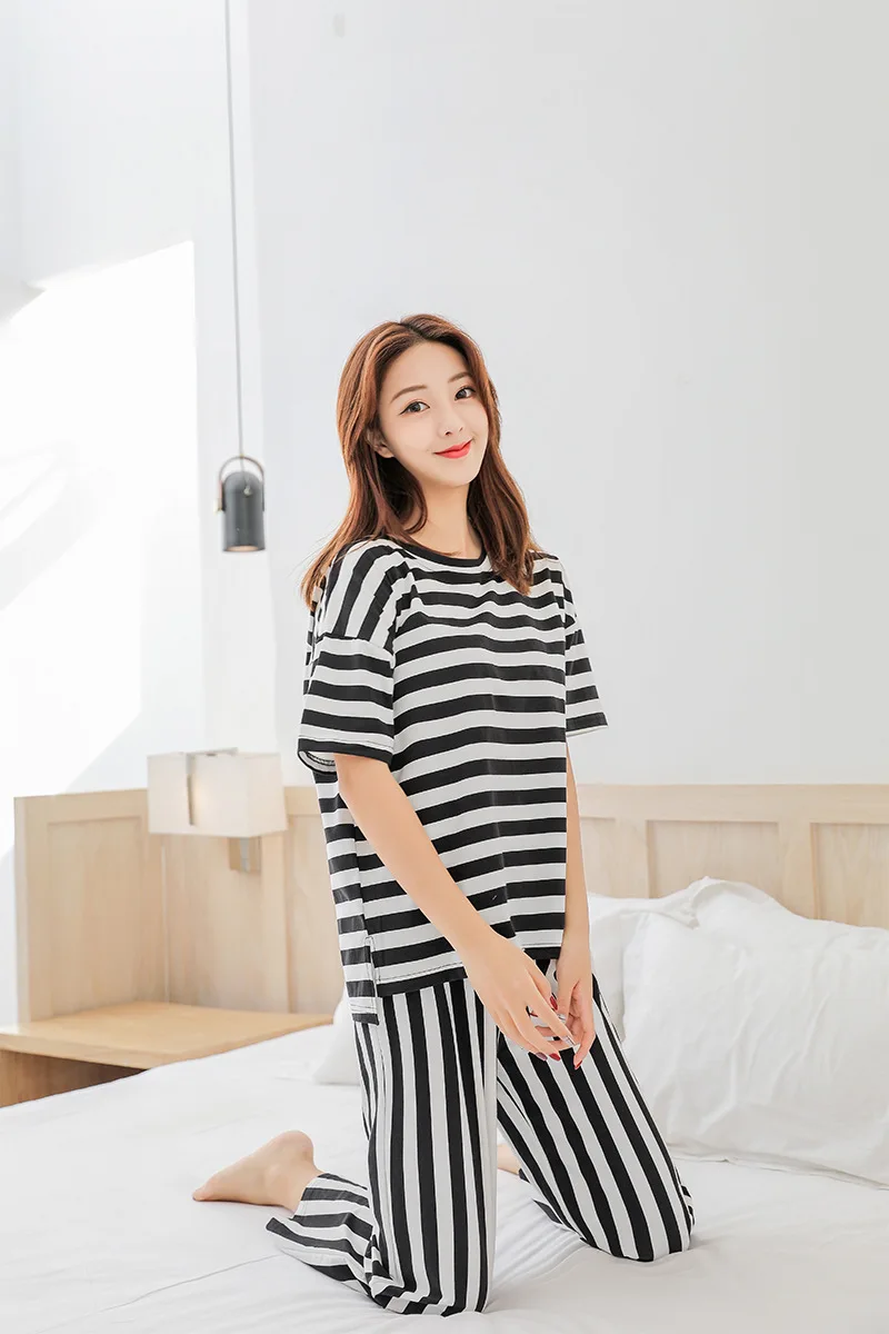 Vertical Stripe  Pyjamas Women Soft Cotton Breathable Two Piece Set Sleeping Clothes Pijama Set  Nightwear Ladies Pajamas Women