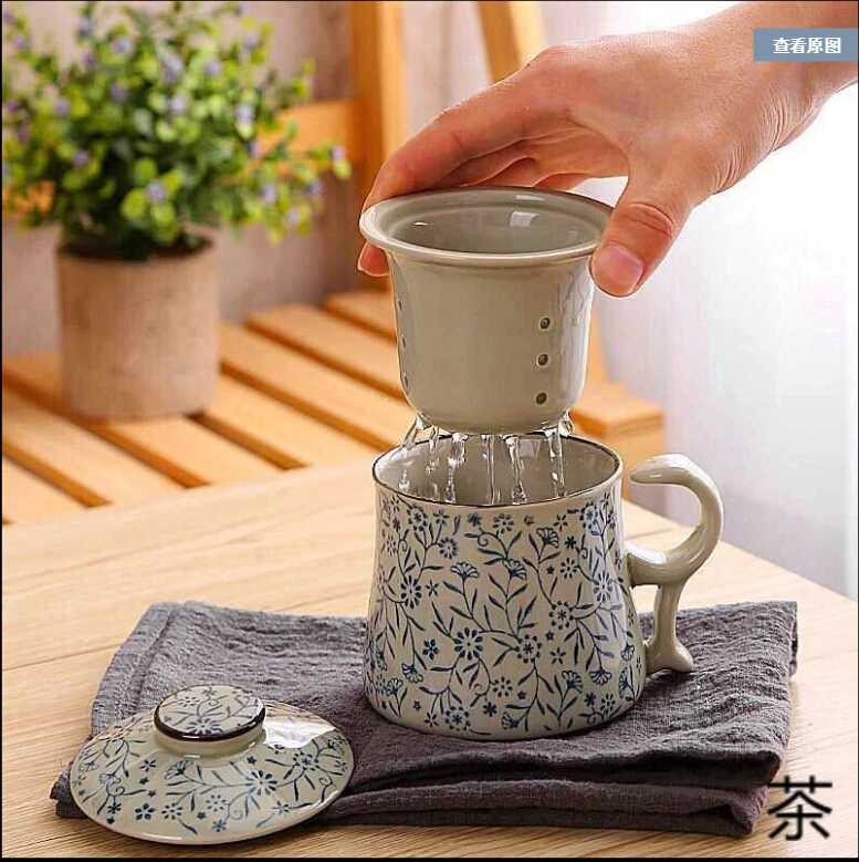 Hand-painted vintage ceramic cup personal cup with cover with filter tea leak tea cup mug office tea cup