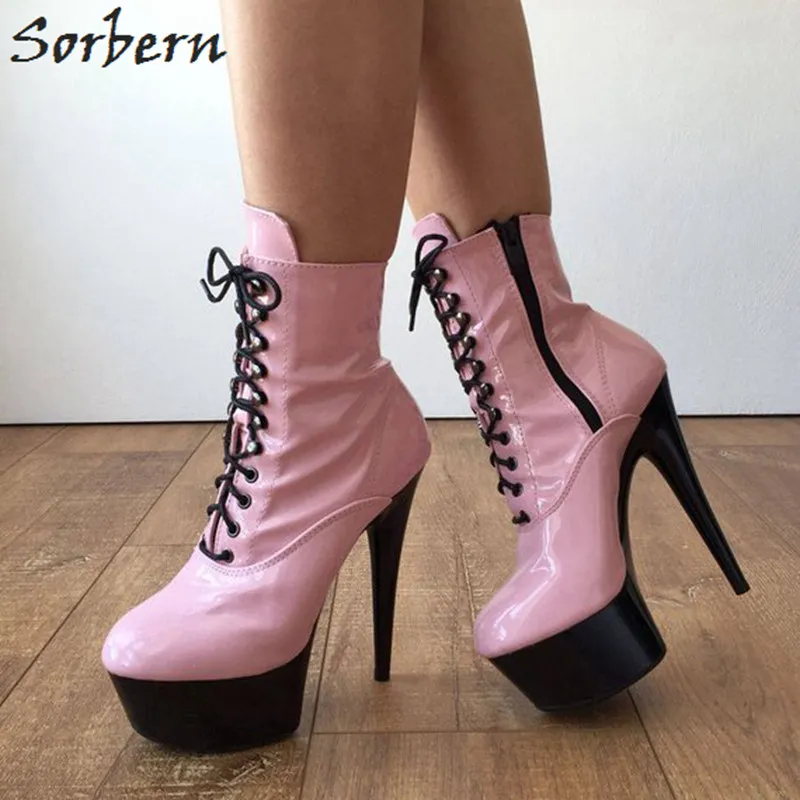 Sorbern Rosa Shiny Stiefeletten Für Frauen 15Cm High Heels Plattform Reflektierende Heels Stiefel Weibliche Punk Gothic Stiefel Nach farbe