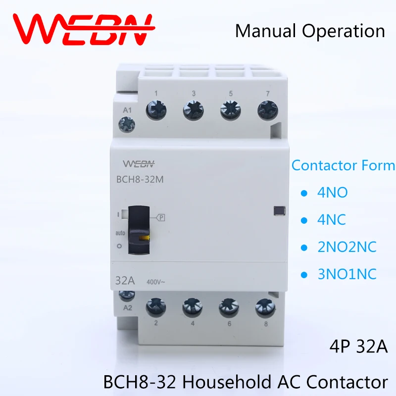 

BCH8-32 Series 4P 32A Manual Operation AC Household Contactor 230V/250V 50/60Hz Contact 4NO/2NO2NC/3NO1NC/4NC Din Rail Contactor