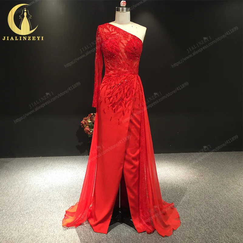 JIALINZEYI Real Sample One Long Shoulder Red Sation Beads Slit Formal Dress  for Party Evening Dresses - AliExpress 320