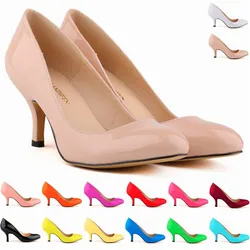 Klassiekers Solide Vrouwen Pumps Kantoor 2024 Ronde Neus Vrouwelijke Mode Lakleer Ondiepe Hoge Hakken 6Cm Schoenen Groothandel 14 Kleuren