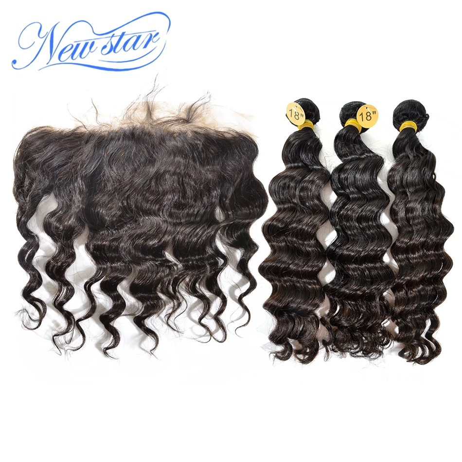 Braziliaanse Losse Diepe Pre Geplukt Kant Frontale Sluiting Met 3 Bundels Virgin Human Hair Weave New Star Raw Haar Producten weven