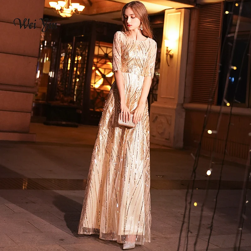 

weiyin Vestido Longo O-Neck Long Evening Dress Party Dresses Sexy Gold Sequined Cheap Prom Gown Long Dress WY1059