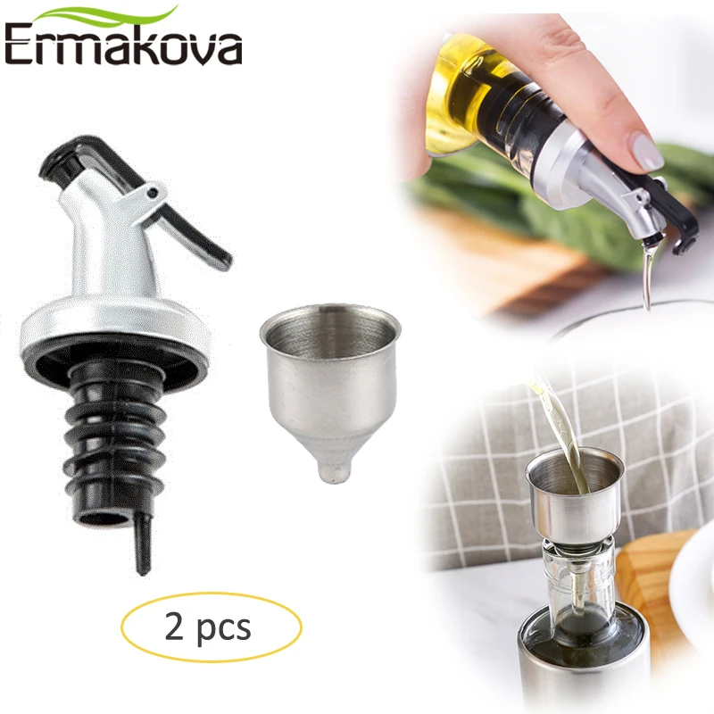 ERMAKOVA 2 Pcs ABS Soy Sauce Oil Vinegar Pour Spout Liquor Wine Bottle Pourer Stopper Stainless Steel Kitchen Funnel for Flask