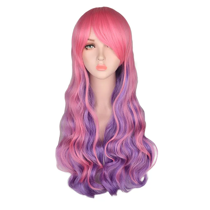 QQXCAIW Rainbow Colorful Synthetic Long Curly Hair Wig Cosplay Party Women High Temperature Wigs