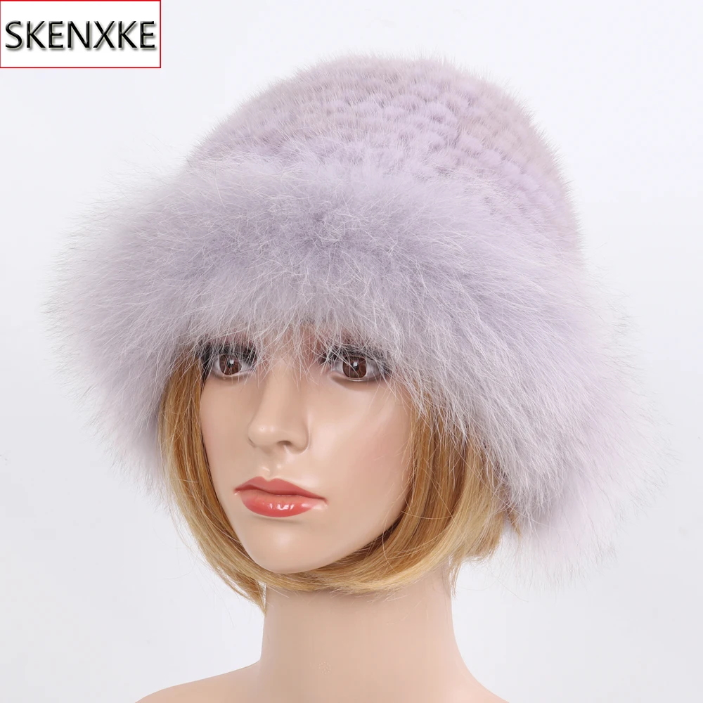 

New Winter Knitted 100% Natural Mink&Fox Fur Hats Lady Warm Fluffy Genuine Fox Fur Cap Russian Women Luxurious Real Mink Fur Hat