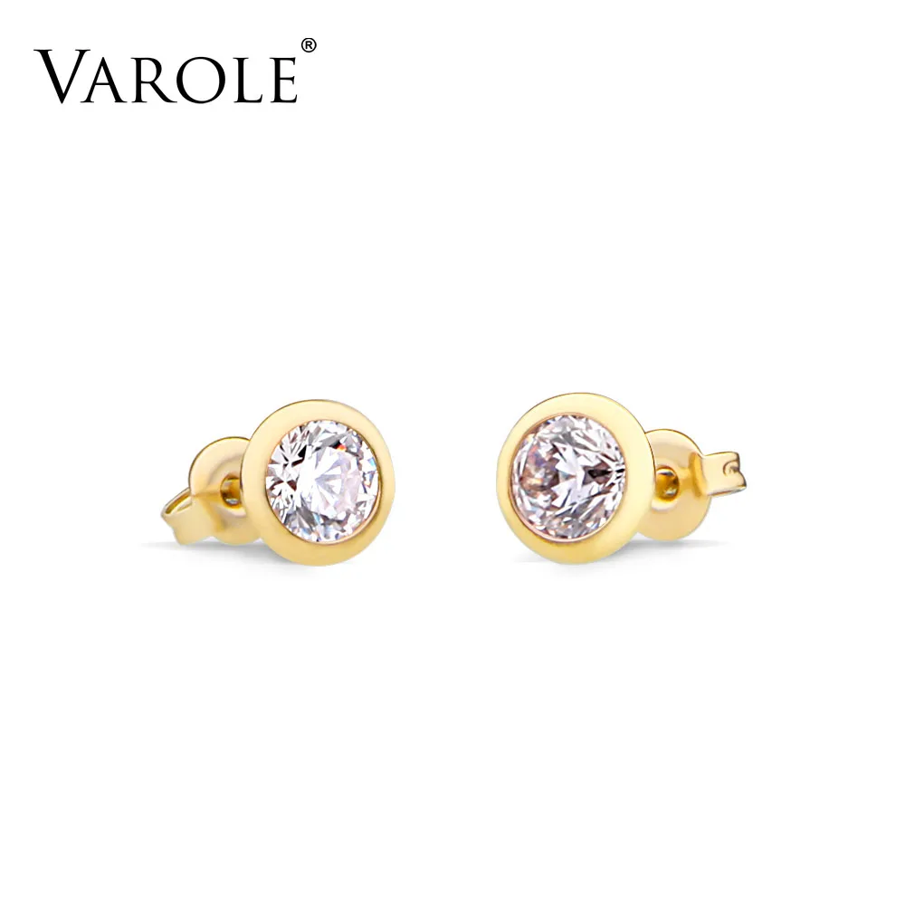 VAROLE Fashion Elegant Shiny Stainless Steel Stud Earrings For Women Party Wearing Big Cut Multi Colors Zircon Crystal Earrings