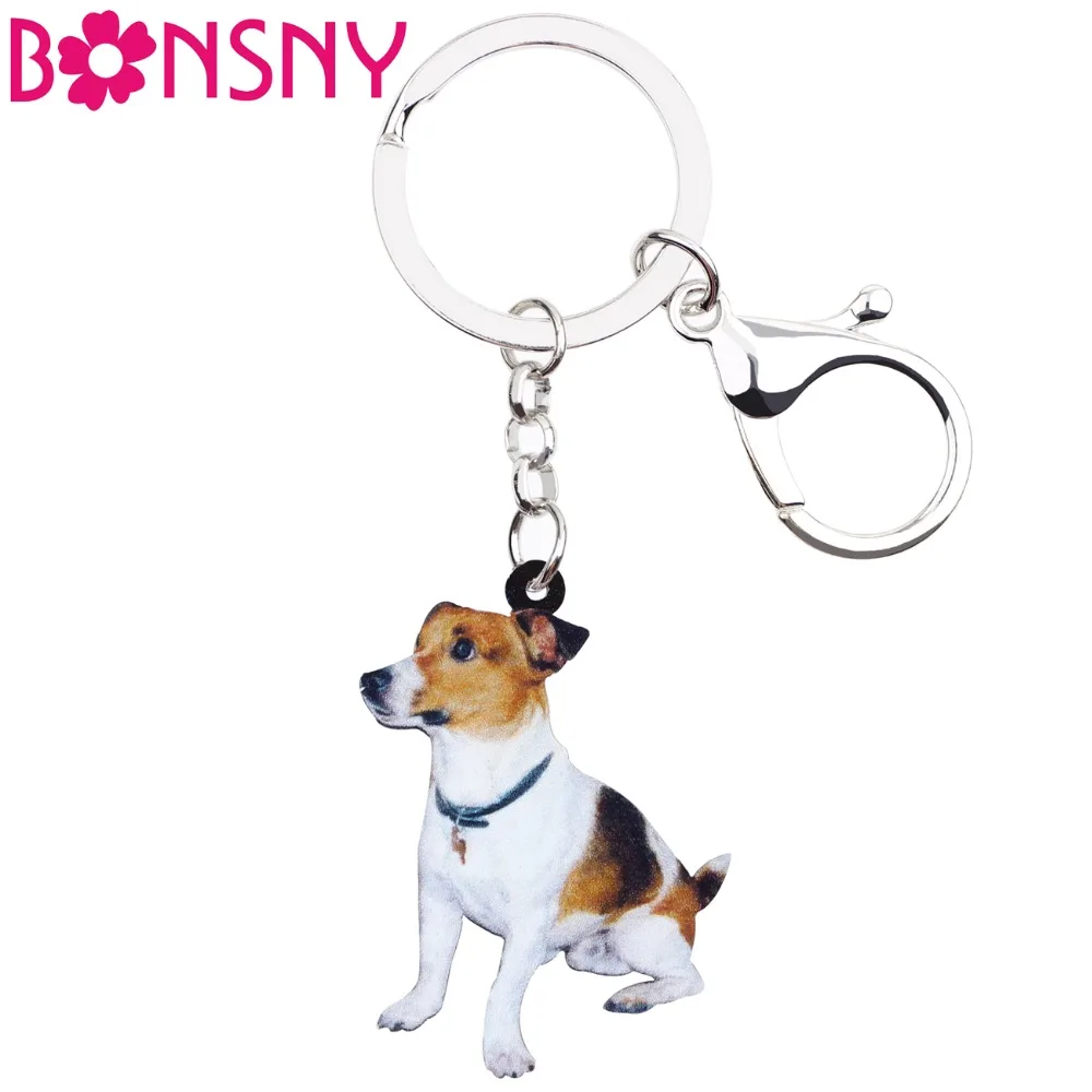 Bonsny Acrylic Sitting Jack Russell Terrier Dog Key Chains Keyrings Lovely Jewelry For Women Girl Ladies Handbag Charms Bulk Pet